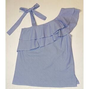 Crémieux One Shoulder Ruffle Top Sz L Blue White Stripe 100% Cotton Resort Chic